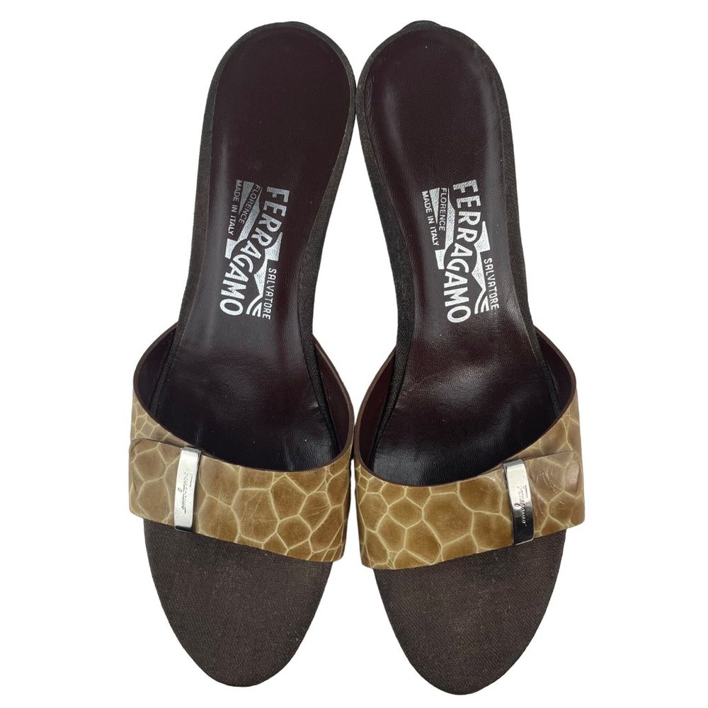 SALVATORE FERRAGAMO Crocodile Print Brown Leather Open Toe Kitten Heel Size 9 - Picture 9 of 13